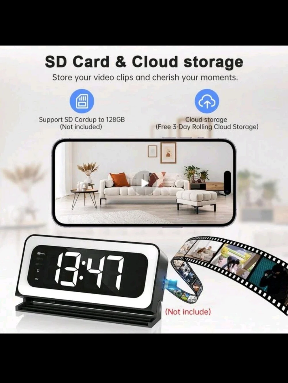 Hidden Camera Alarm Clock with Wi-Fi - Black